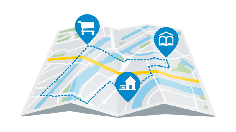 Illustration of a house with a garage in the middle, around it there is a route that connects office, school and supermarket