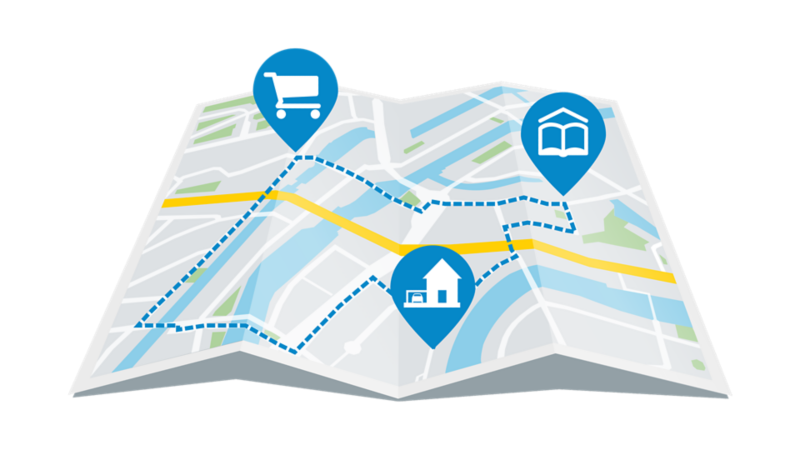 Illustration of a house with a garage in the middle, around it there is a route that connects office, school and supermarket