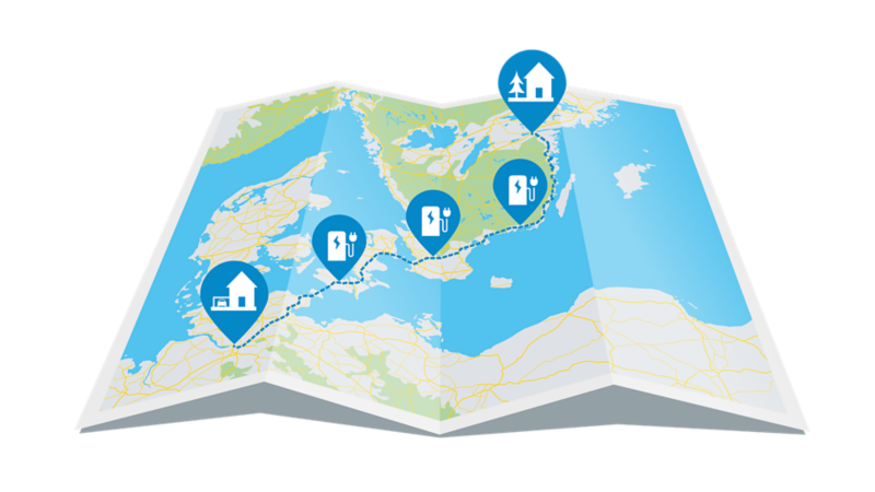 Map of northern Europe showing the route from home to the holiday destination. Along the way are multiple charging stations.