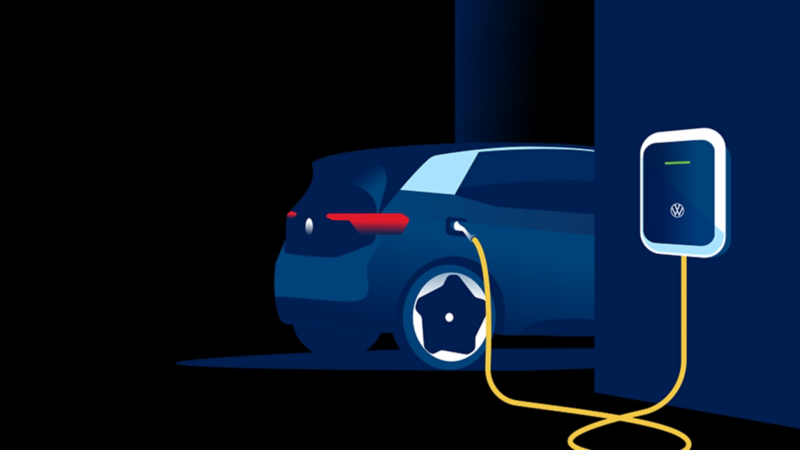 Illustration of a VW EV plugged into a Wallbox