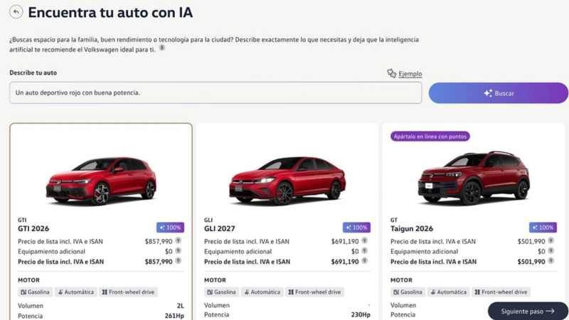 Pantalla de AI Genius con tres tarjetas de vehículos Volkswagen rojos sobre fondo blanco.