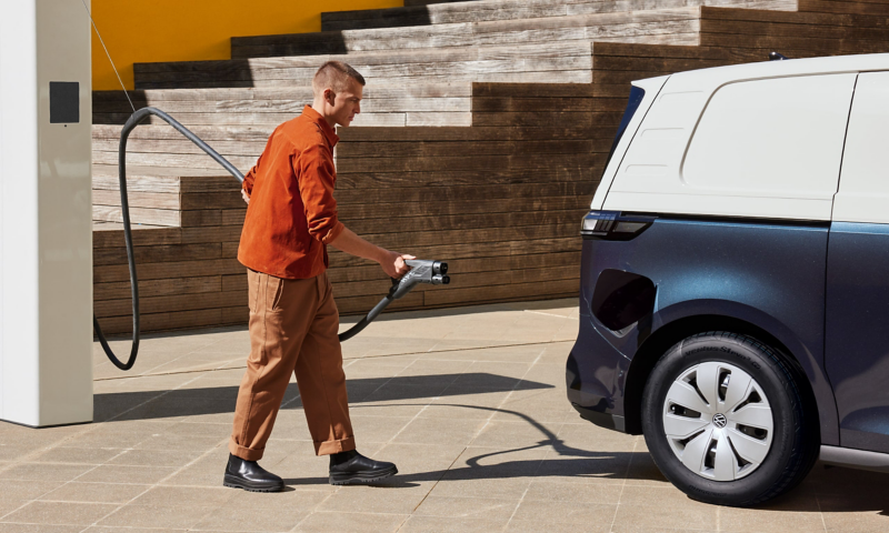 The VW ID. Buzz Cargo at a charging point.