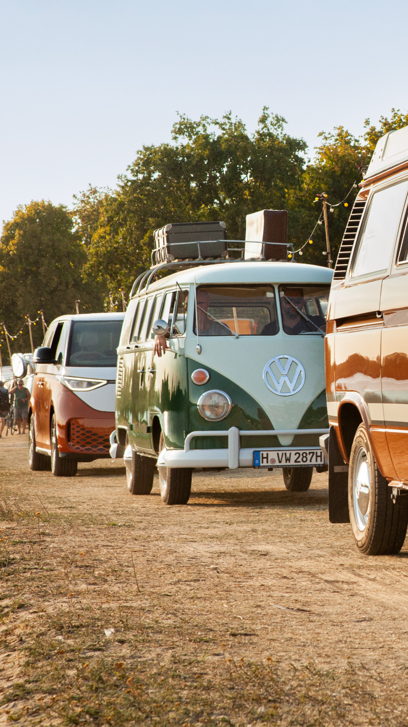VW Bulli verschiedener Generationen auf einem Festival.