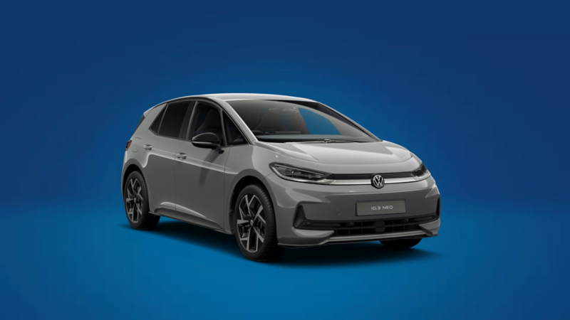 A front 3/4 shot of a grey Volkswagen ID.3 Neo Style on a blue background