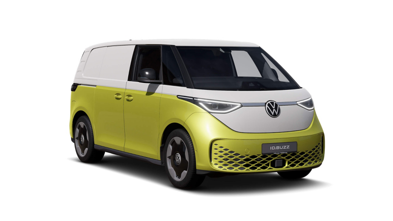 a yellow and white Volkswagen ID. Buzz Cargo