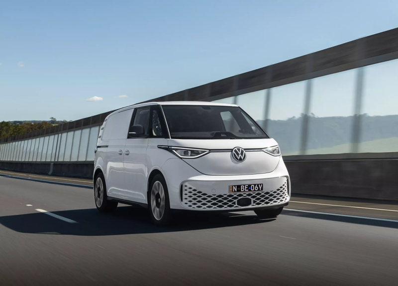White Volkswagen ID.Buzz Cargo driving.