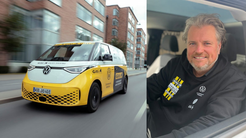 Bildmontage med Rainer Zeitlow och hans elbil ID. Buzz Pro