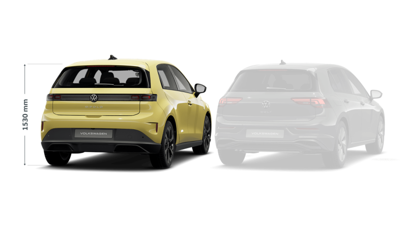 Rear three-quarter view of a yellow VW ID. Polo with the height displayed
