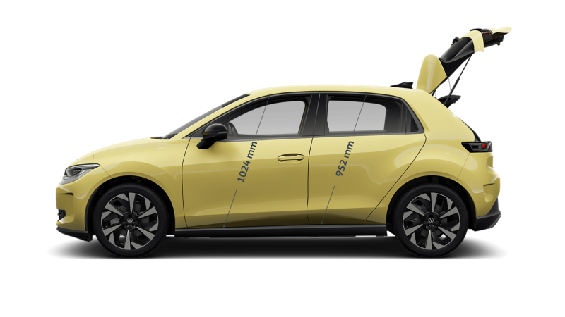 Side view of a VW ID. Polo with front and rear door height dimensions displayed