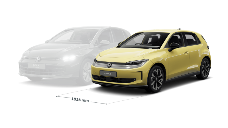Front three-quarter view of a yellow VW ID. Polo with the width displayed compared to a Golf.