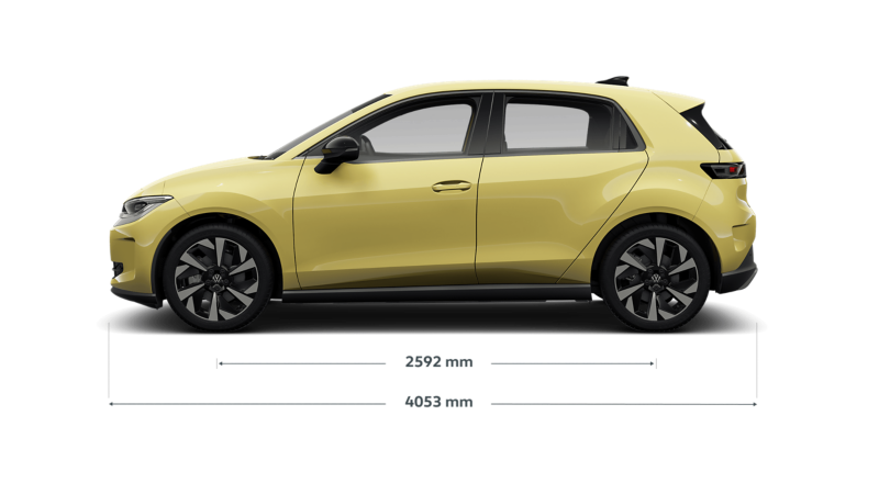 Side view of a grey VW ID. Polo with length and wheelbase dimensions displayed