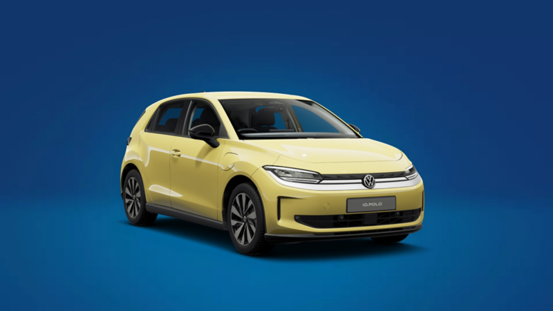 A front 3/4 shot of a yellow Volkswagen ID-Polo Life on a blue background