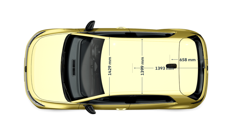 Top view of a VW ID. Polo with the boot depth dimensions displayed with the rear seats up and down