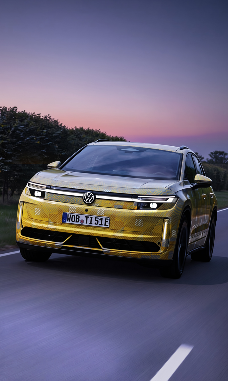 Front view of an ID. Tiguan in camouflage livery driving on a country road with a pink and purple sunset in the background