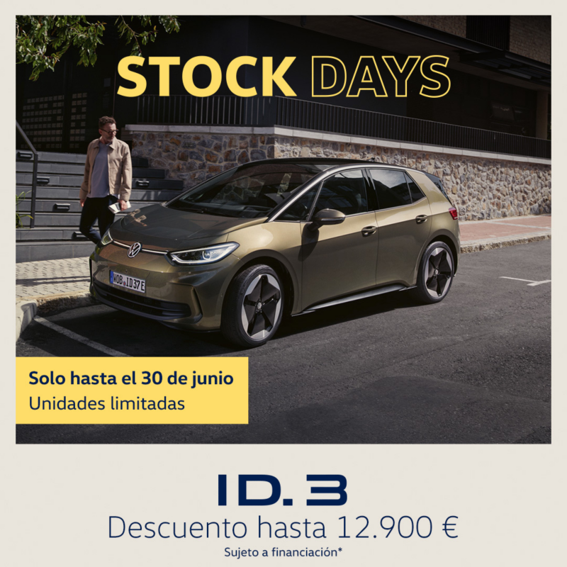 Volkswagen ID.3 marrón, vista lateral izquierda. Texto: Stock Days. Descuento hasta 12.900€. Sujeto a financiación. Solo hasta el 30 de junio. Unidades limitadas.