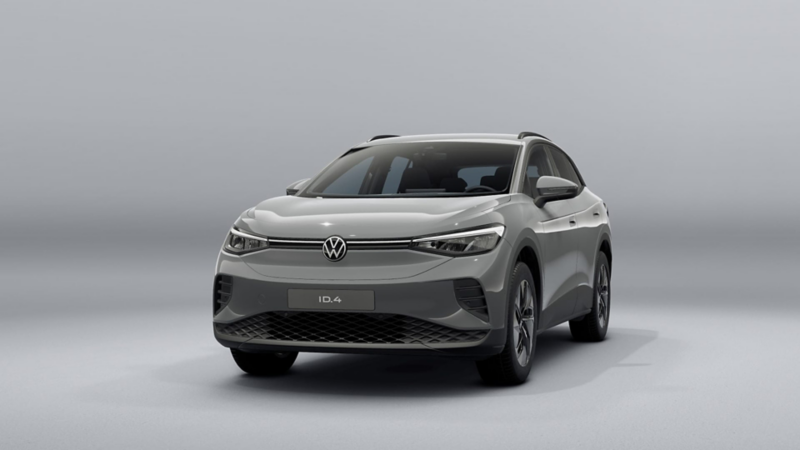 Un ID.4 100% eléctrico de Volkswagen color gris oscuro metalizado sobre un fondo gris