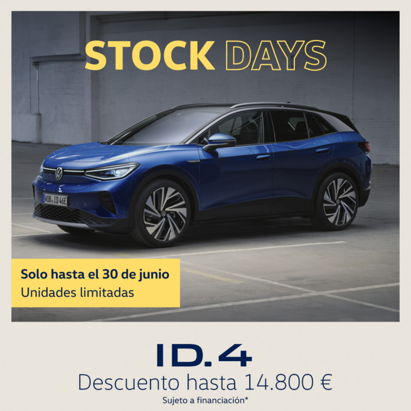 Volkswagen ID.4 azul vista lateral izquierda. Texto: Stock Days. Descuento hasta 14.800€. Sujeto a financiación. Solo hasta el 30 de junio. Unidades limitadas.
