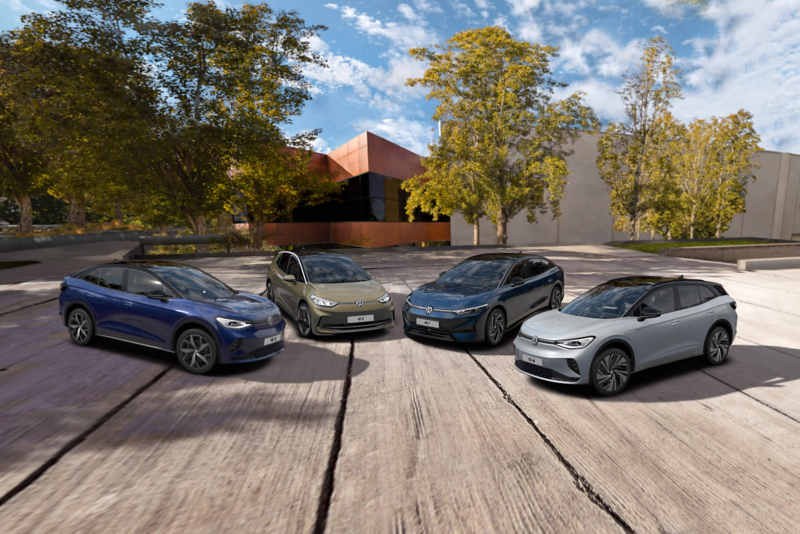 A line up of the VW electric range including ID.3, ID.4, ID.5 & ID.7