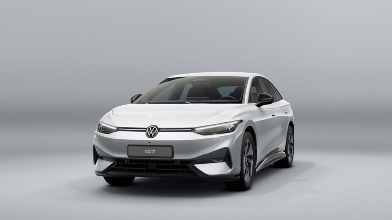 Un ID.7 100% eléctrico de Volkswagen de color blanco sobre un fondo gris