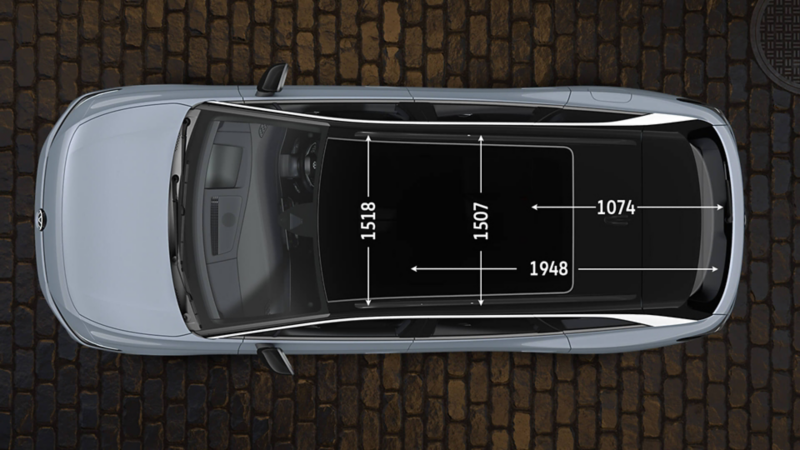 Top view of a grey VW ID.7 Tourer with the boot depth dimensions displayed with the rear seats up and down