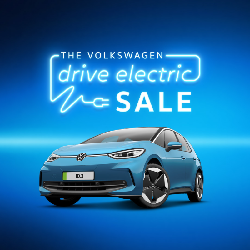 Drive Electric sale logo in neon style font with 3/4 view of the VW ID.3