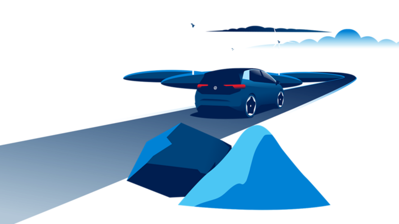 Blue illustration of an ID.3 electric car driving with wind turbines in the background.