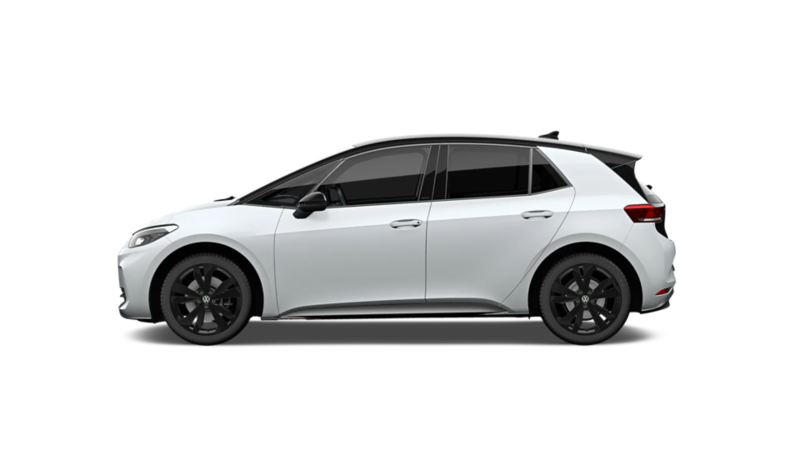 Zijaanzicht witte Volkswagen ID.3 in het wit met zwarte details
