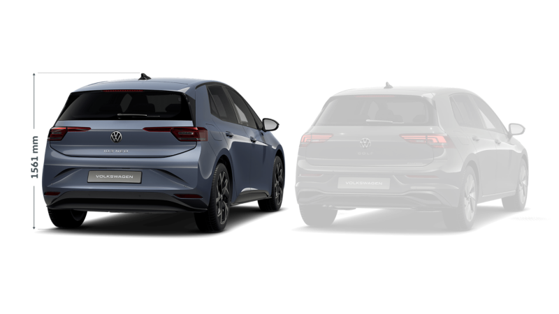 Rear three-quarter view of a grey VW ID.3 Neo with the height displayed