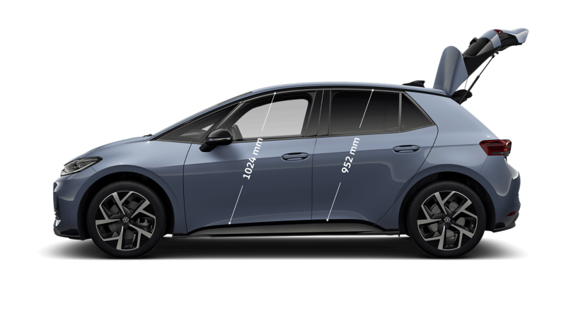 Side view of a VW ID.3 Neo with front and rear door height dimensions displayed