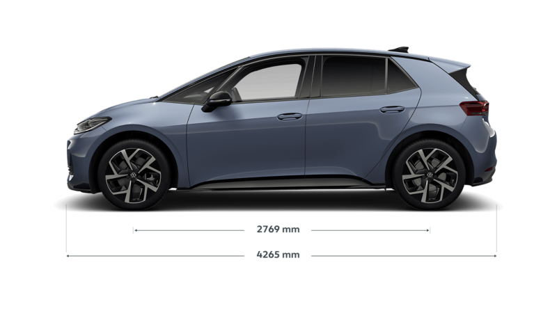 Side view of a grey VW ID.3 Neo with length and wheelbase dimensions displayed