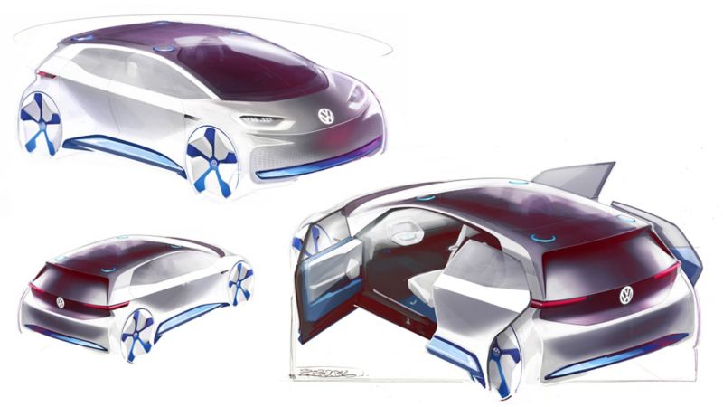 Schizzo dei disegni tecnici del prototipo di Volkswagen ID.3 ideato da Klaus  Zyciora Bischoff.
