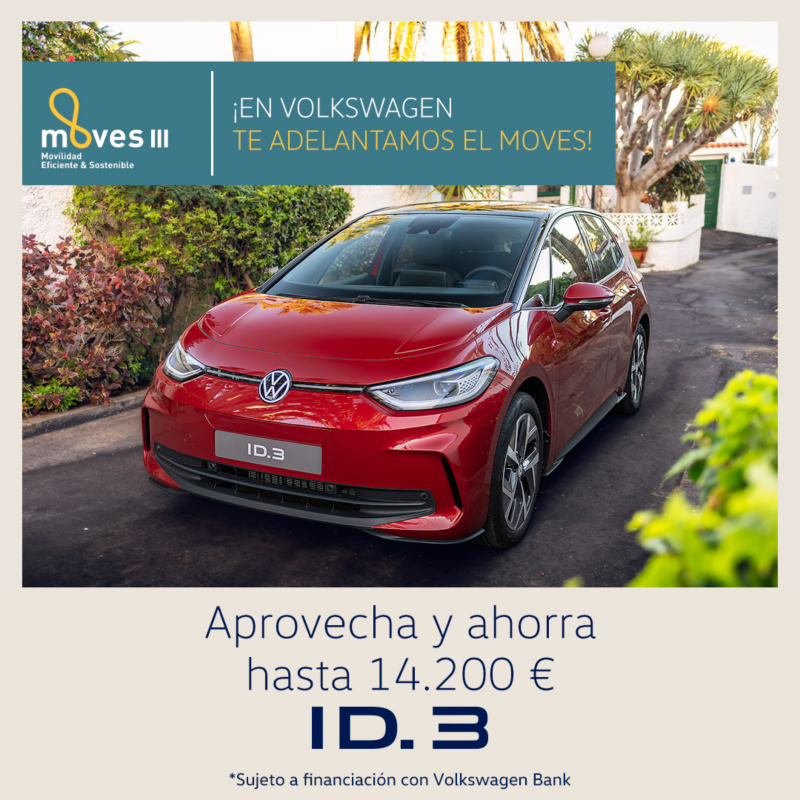 Volkswagen ID.3 rojo, vista frontal. Texto promoción: En Volkswagen te adelantamos el MOVES. Ahorra hasta 14.200€. Sujeto a financiación con Volkswagen Bank.