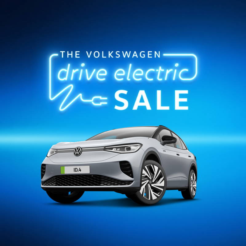 Drive Electric sale logo in neon style font with 3/4 view of the VW ID.4