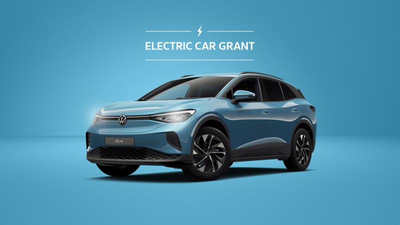 a blue ID.4 on a blue background with text that reads electric car grant at the top of the image