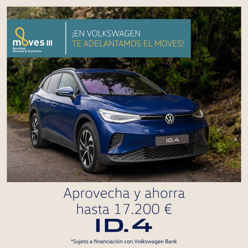 Volkswagen ID.4 azul vista frontal. Texto promoción: En Volkswagen te adelantamos el MOVES. Ahorra hasta 17.200€. Sujeto a financiación con Volkswagen Bank.