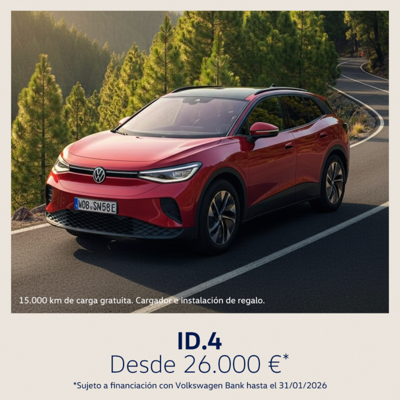 Volkswagen id4 gris vista frontal. Descuentos especiales campaña remate final, solo hasta el 31 de diciembre, con hasta 13.900€ de descuento. Sujeto a financiación con Volkswagen Bank