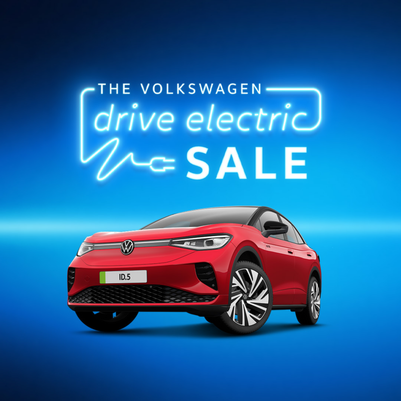 Drive Electric sale logo in neon style font with 3/4 view of the VW ID.5