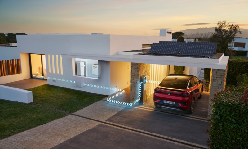 Ein VW ID.5 GTX lädt nachts bidirektional, Stromflüsse sind am Haus visualisiert