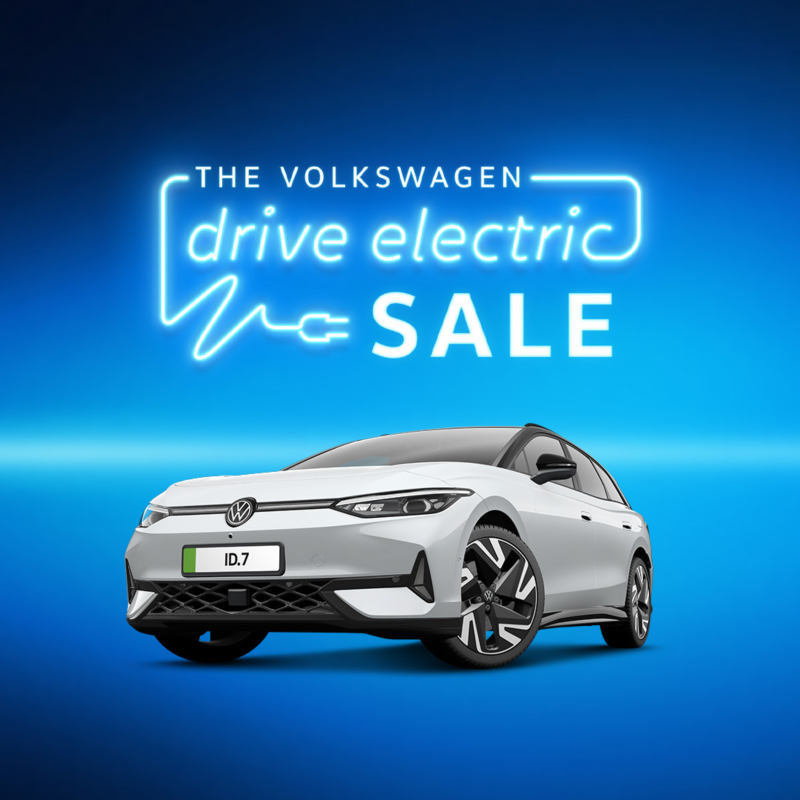 Drive Electric sale logo in neon style font with 3/4 view of the VW ID.7 and the ID.7 Tourer