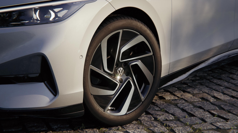 Closeup photo of the front wheel on a VW ID.7.