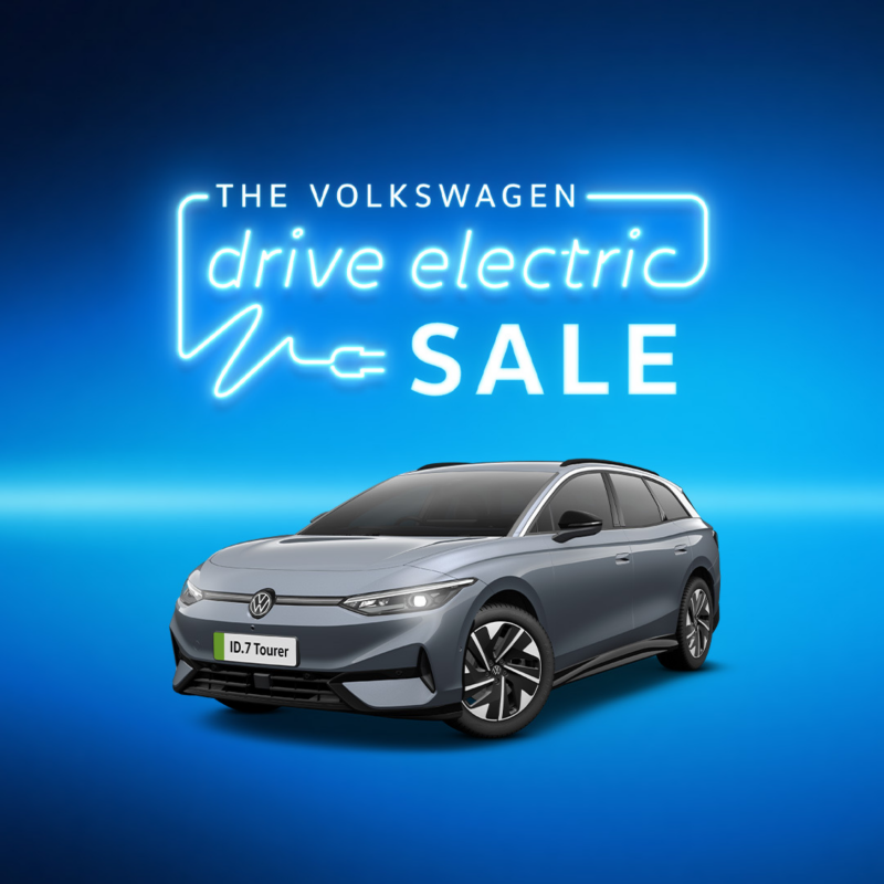 Drive Electric sale logo in neon style font with 3/4 view of the VW ID.7 and the ID.7 Tourer