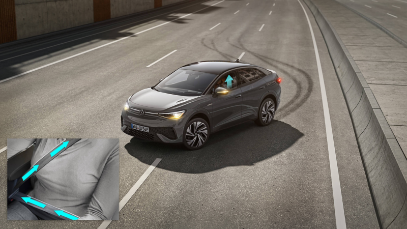 Graphic shows how the proactive occupant protection system works in VW ID.5