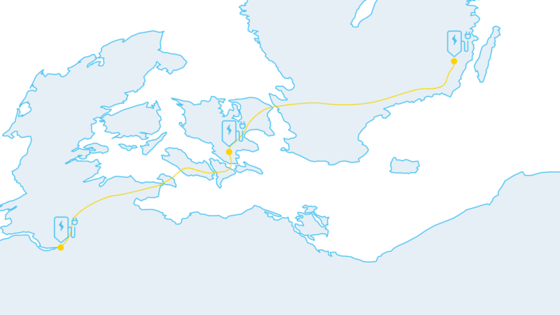 Illustration of a map showing Volkswagen electric vehicle charging and range.