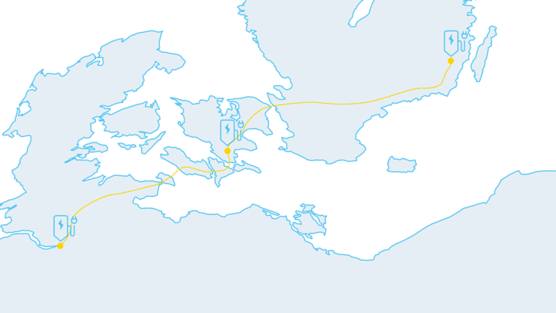 Illustration of a map showing Volkswagen electric vehicle charging and range.