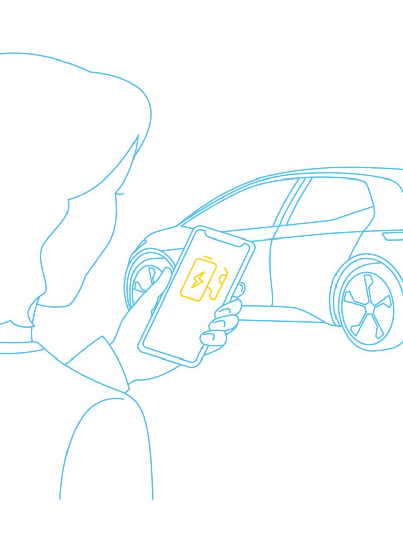 Illustration of a lady using the EV Check app on a smartphone with an ID.3 in the background
