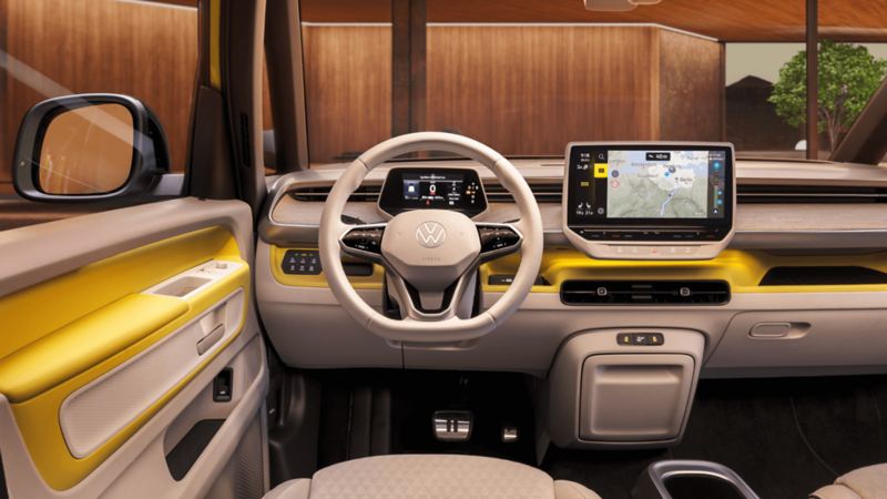 The interior of the Volkswagen ID. Buzz featuring the Digital Cockpit and a steering wheel