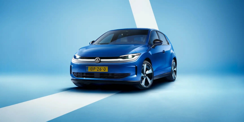A blue VW ID. Polo from an angled front view against a light blue background.