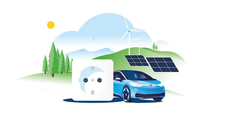 Illustrasjon av VW ID.3 med en stikkontakt ved siden av og solcellepaneler i bakgrunnen