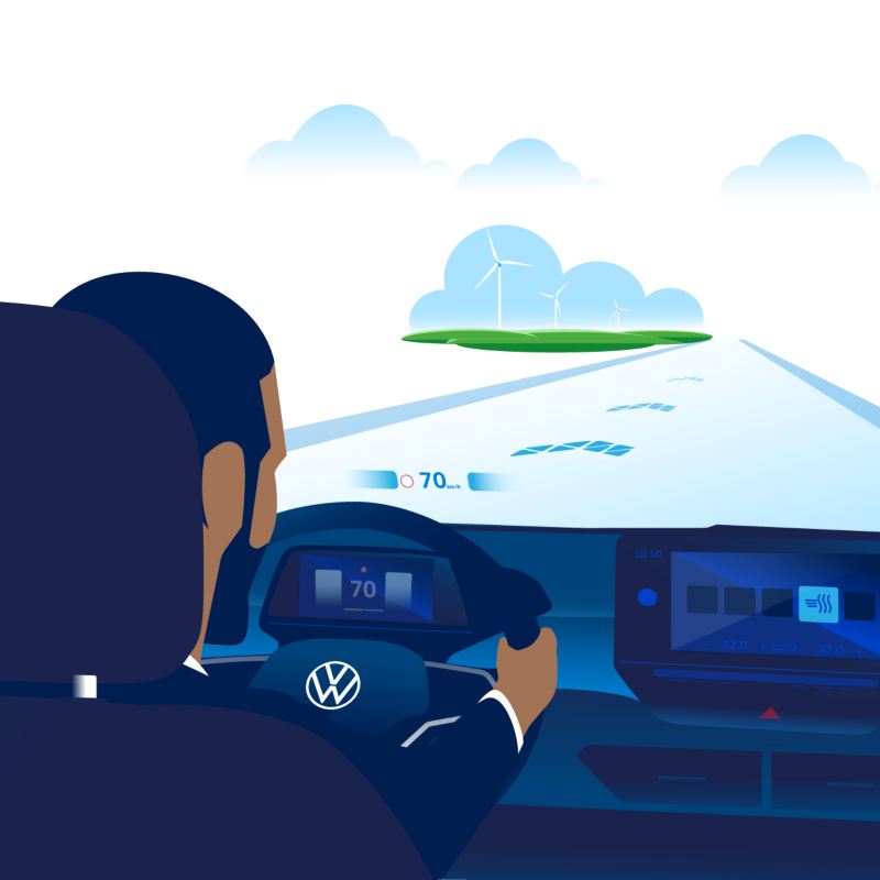 Ilustracja: mężczyzna za kierownicą VW ID. korzysta z wyświetlacza head-up AR.
