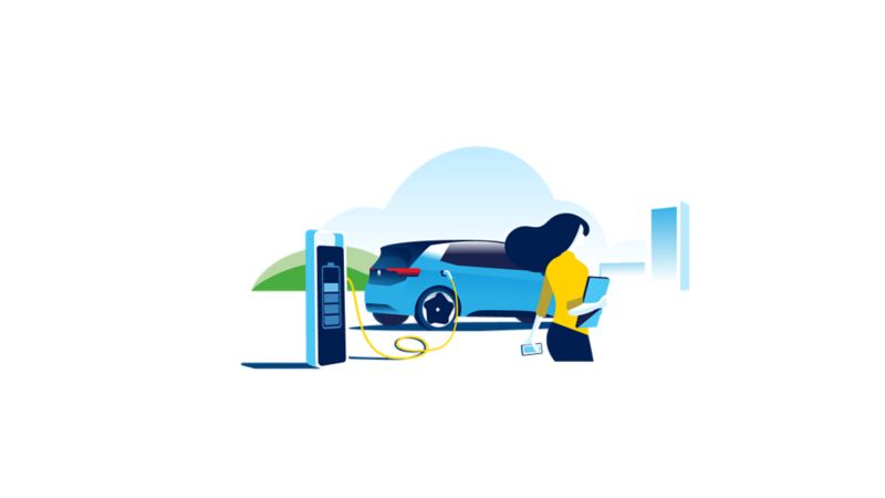 illustrazione grafica di una ragazzo che sta ricaricando un'auto elettrica Volkswagen        illustrazione grafica di un'auto Volkswagen in ricarica alla colonnina elettrica mentre una ragazza va a fare shopping